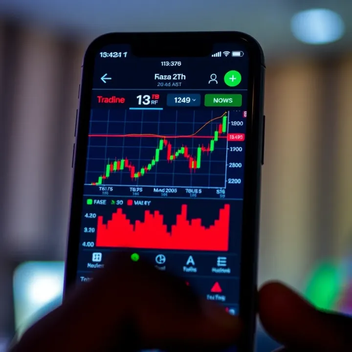 Mobile phone displaying a forex trading application interface with market charts and indicators
