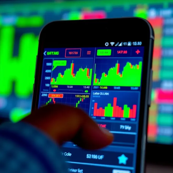 Mobile phone displaying a forex trading app interface with currency charts and analytics