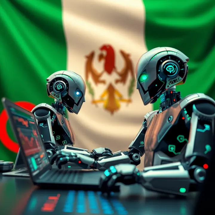 Conceptual illustration of crypto trading bots analyzing market data with Nigerian flag background