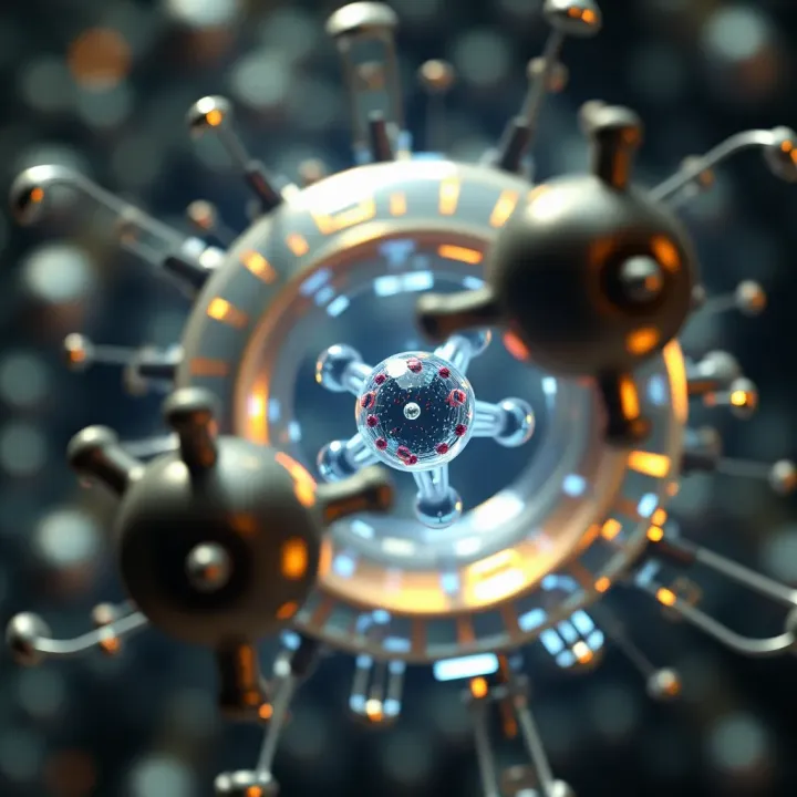 Diagram illustrating atomic nuclei merging and releasing energy in binary fusion