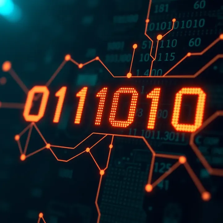 Digital Circuit Representing Clarity and Determination Through Binary Logic Abstract digital circuit with glowing binary code symbolizing clarity and decisiveness