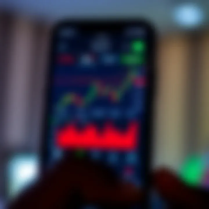 Mobile phone displaying a forex trading application interface with market charts and indicators