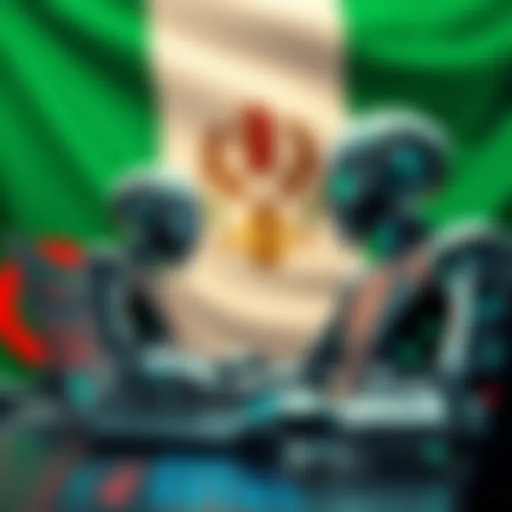 Conceptual illustration of crypto trading bots analyzing market data with Nigerian flag background