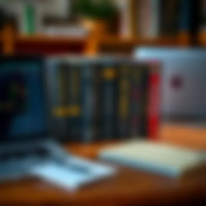 A collection of forex trading books arranged on a wooden table alongside a laptop and a notepad for note-taking