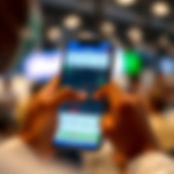 User interacting with a smartphone displaying a stock trading application interface