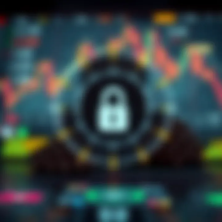 Secure digital trading platform showcasing encryption symbols and financial data overlays