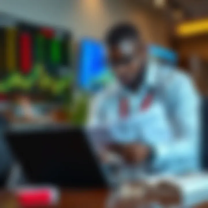 Conceptual illustration showing a Nigerian trader analyzing regulatory documents and assessing risks with a laptop