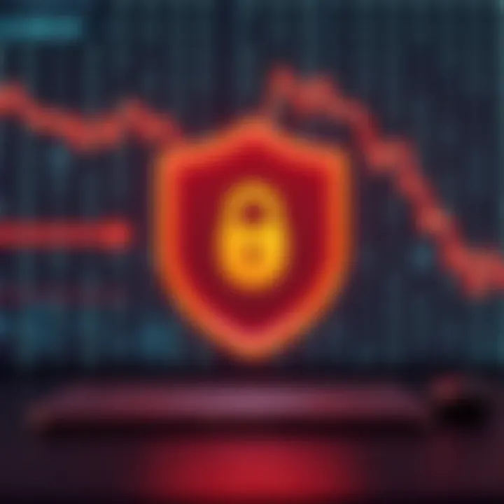 Secure digital platform interface with shield icon and binary code background