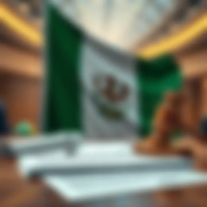 Conceptual graphic illustrating secure online trading with legal documents and Nigerian flag in background