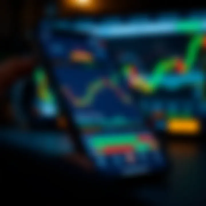 Mobile device displaying various stock charts and trading signals on a financial app