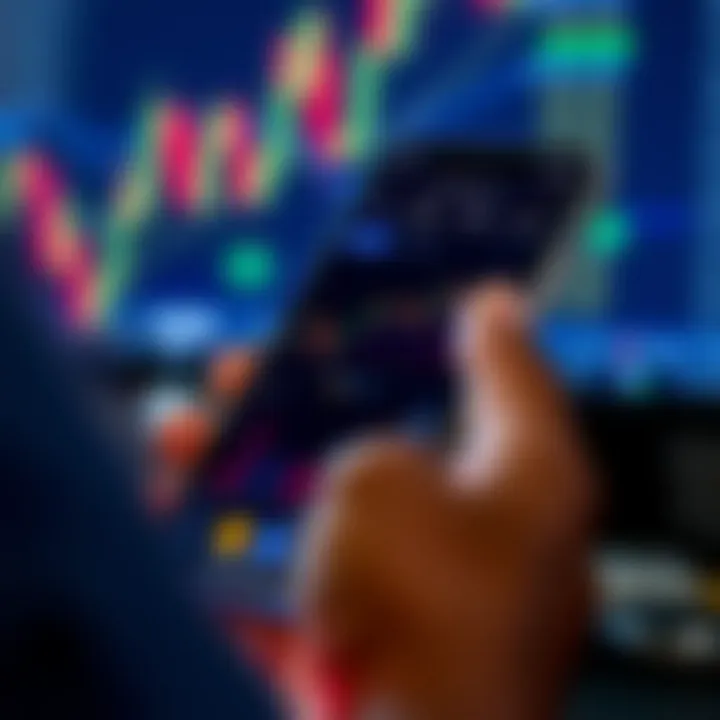 Mobile phone showing a cryptocurrency trading app interface with charts and coin icons