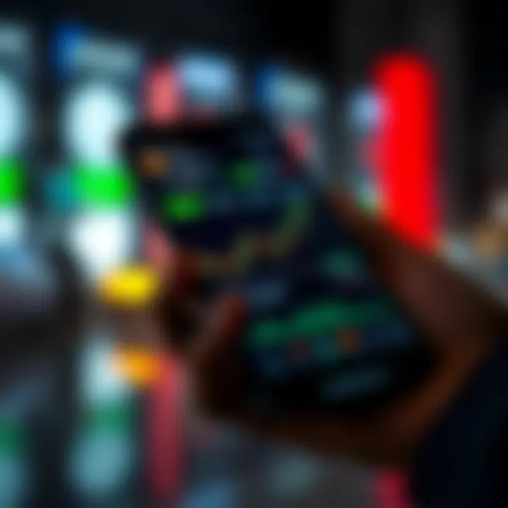 Smartphone displaying a cryptocurrency trading app interface with graphs and currency icons