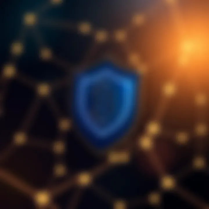 Security shield icon overlaying a digital network representing protection of cryptocurrency assets
