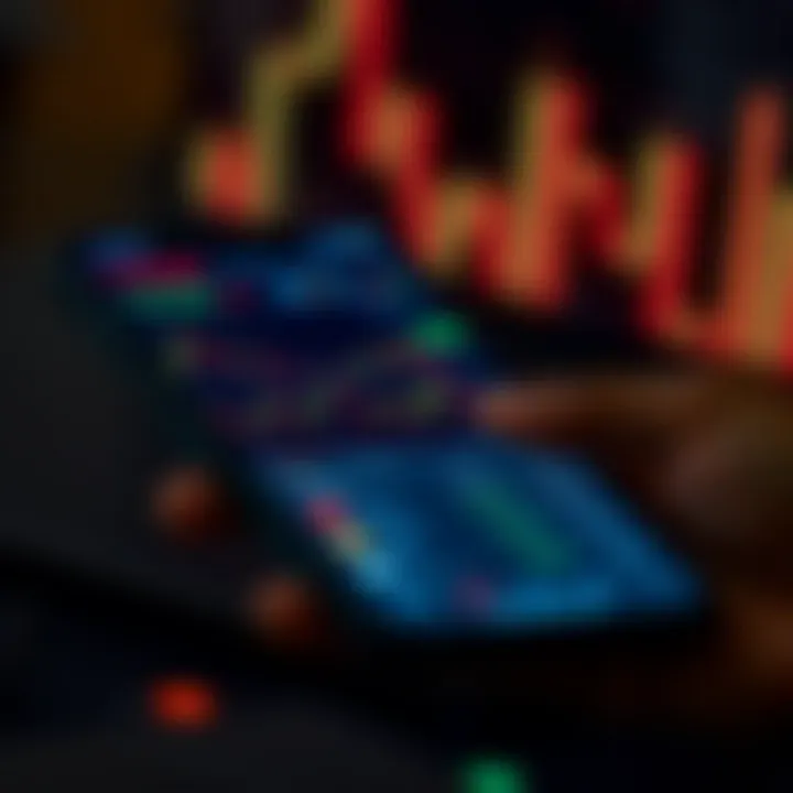 Mobile device displaying cryptocurrency trading app interface with charts and currency options