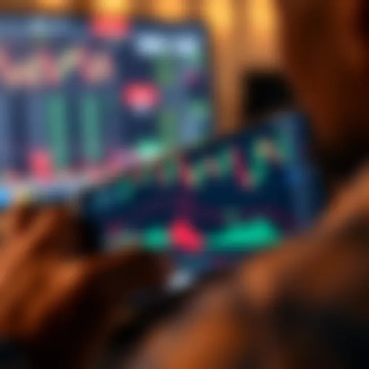 Mobile phone displaying forex trading charts and candlestick patterns