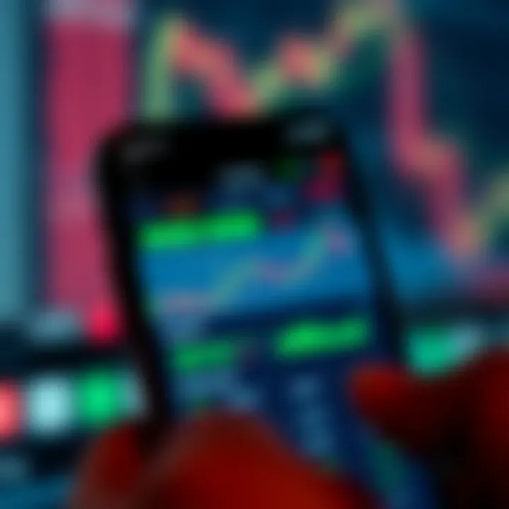 Mobile phone screen displaying forex trading app interface with charts and trade options