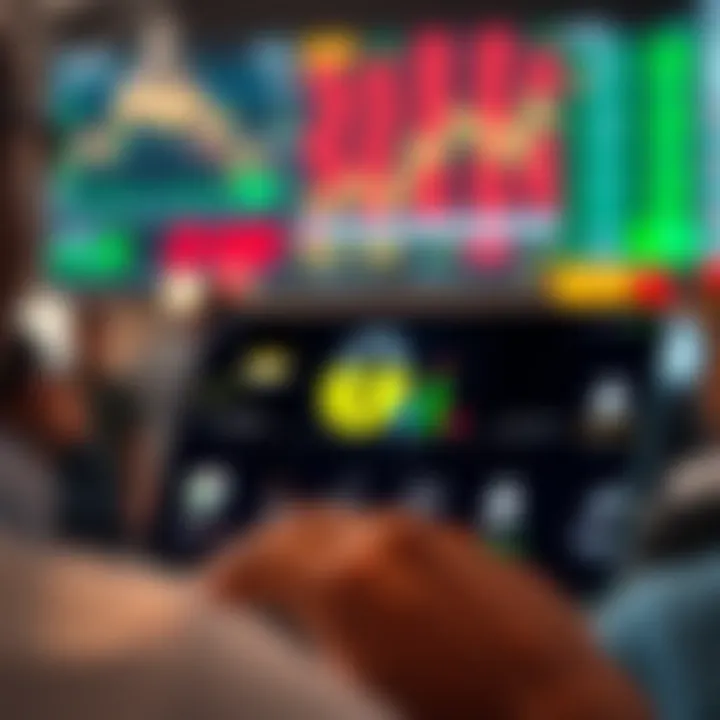 Graphic showing essential features of stock trading apps including charts, alerts, and security icons