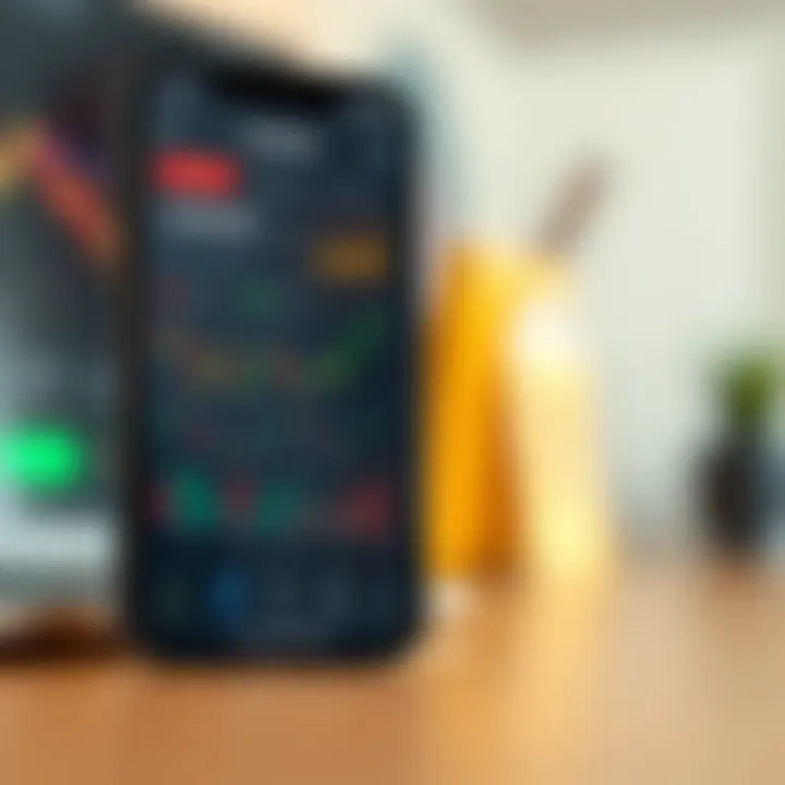 Mobile phone displaying a trading app interface with charts and financial data