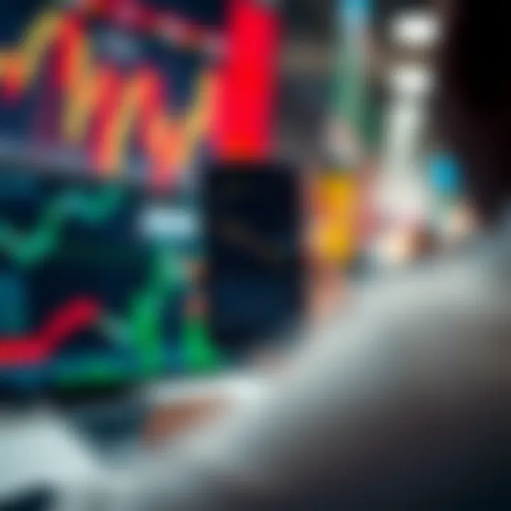 Mobile screen displaying a trading application interface with graphs and market data