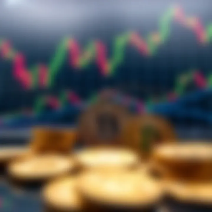 Digital coins representing popular cryptocurrencies interconnected with financial graph lines