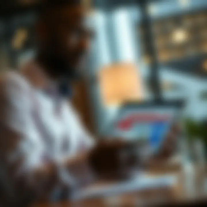 Business professional analyzing compliance documents and risk charts on a digital tablet in an office environment