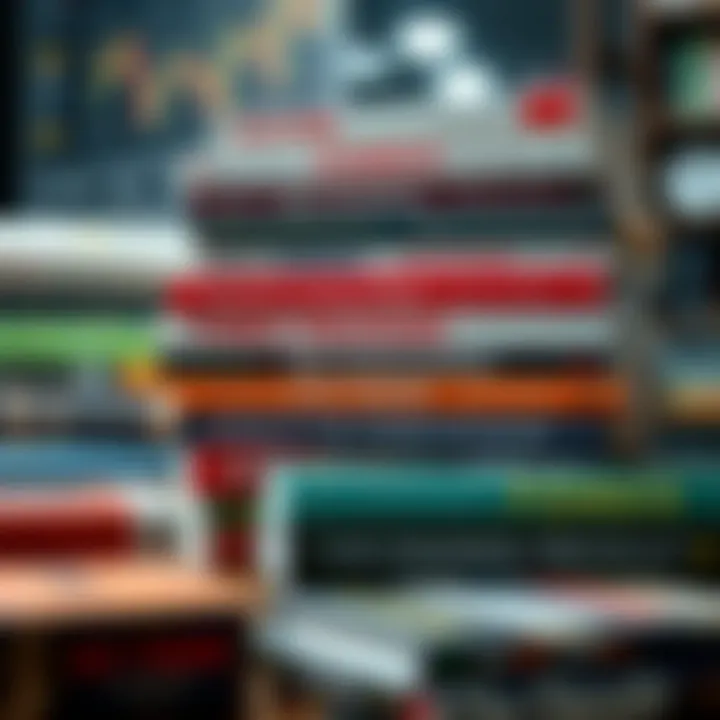 Books stacked with titles on forex strategies, risk management, and trading psychology