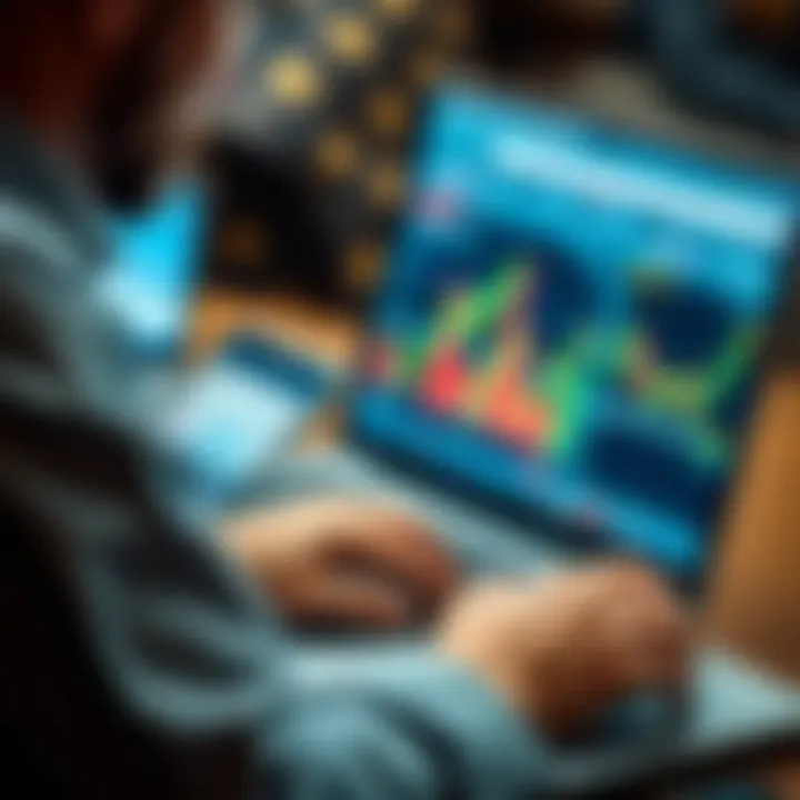 Close-up of a trader analyzing forex market trends on a laptop with financial graphs