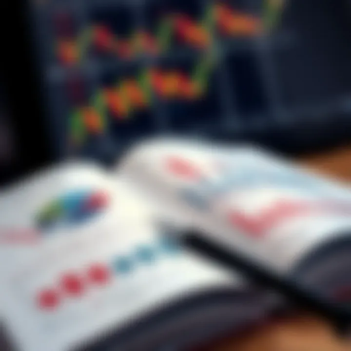 An open book showing charts and graphs related to forex market analysis with a pen placed on the page