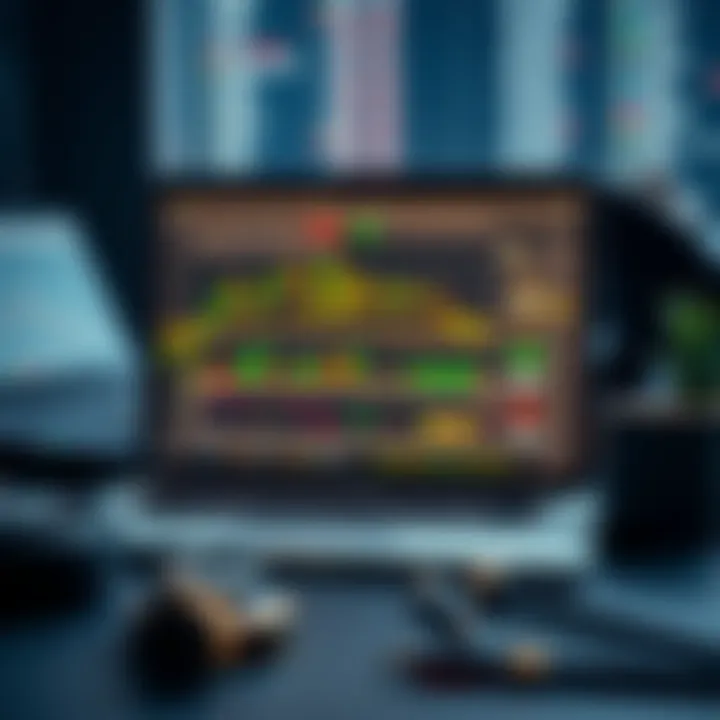 Set of tools including a laptop displaying a forex market chart and financial data analytics