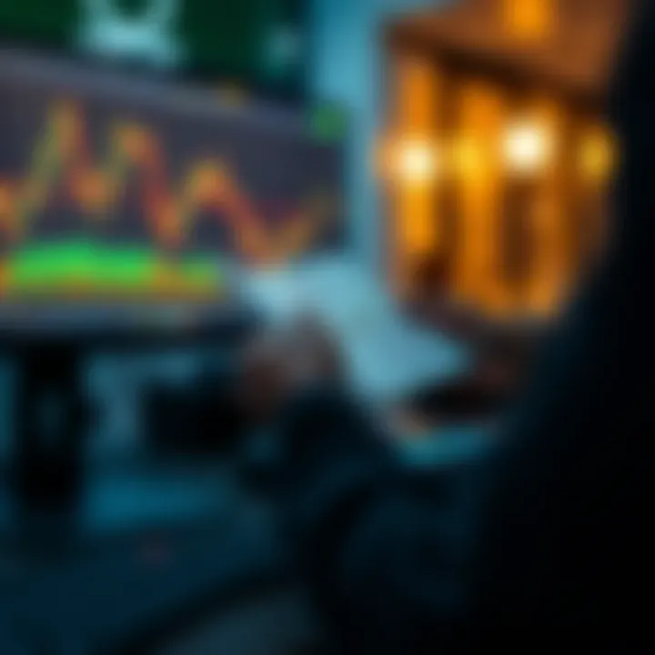 Illustration of a trader using a PDF guide on trade chart patterns alongside a forex trading screen