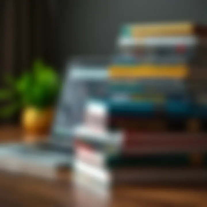 Collection of forex trading books stacked with a laptop showing currency market analysis