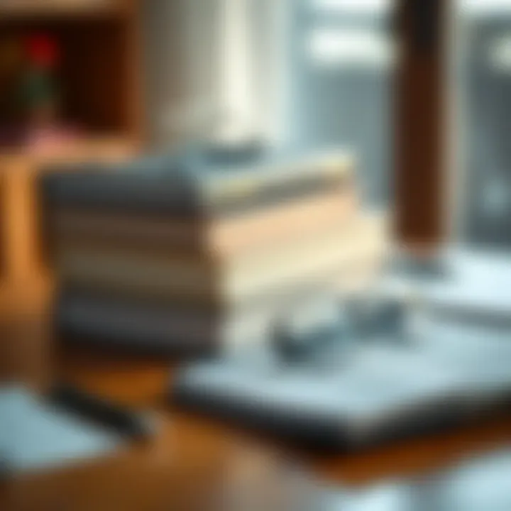 Stack of forex trading books with a pen and glasses on a wooden desk