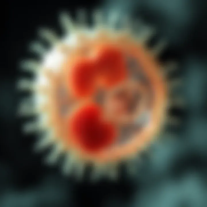 Diagram showing an amoeba undergoing binary fission with visible nucleus and cytoplasm division