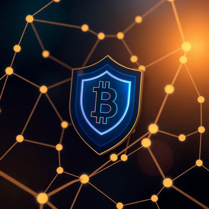 Security shield icon overlaying a digital network representing protection of cryptocurrency assets