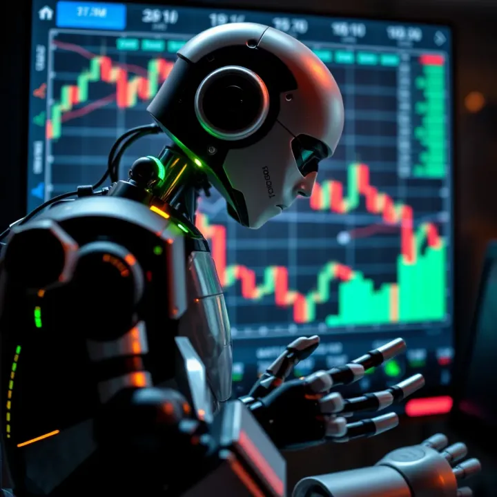 Illustration of an automated forex trading robot analyzing financial charts on a digital interface