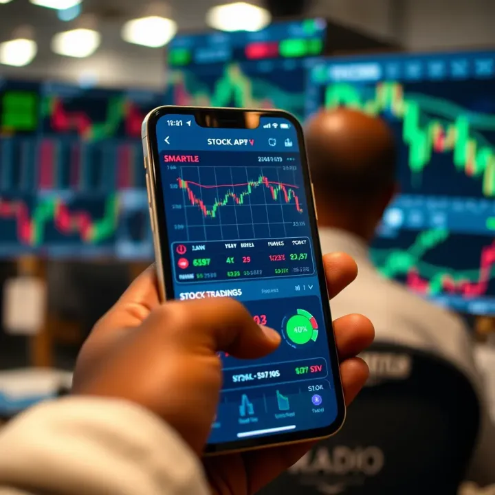Mobile phone screen displaying various stock trading app interfaces with charts and market data