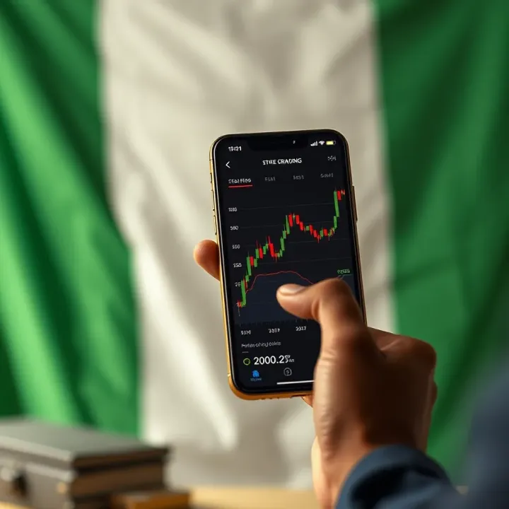 User navigating a stock trading application on a smartphone with Nigerian flag background
