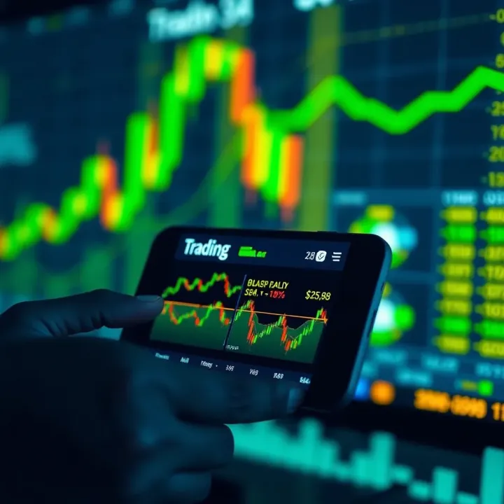 Mobile device displaying a trading app interface with various stock charts and financial data