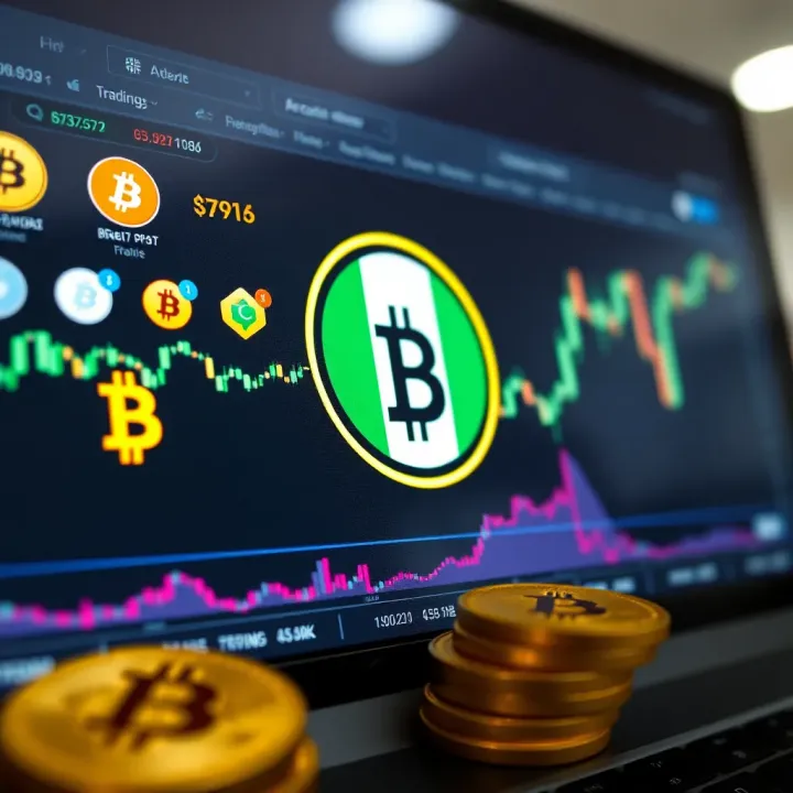 A secure digital interface displaying various cryptocurrency icons and Nigerian flag symbols