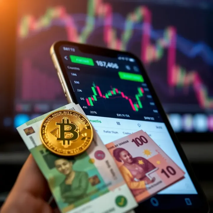 Mobile screen displaying Bitcoin trading app interface with charts and Nigerian currency