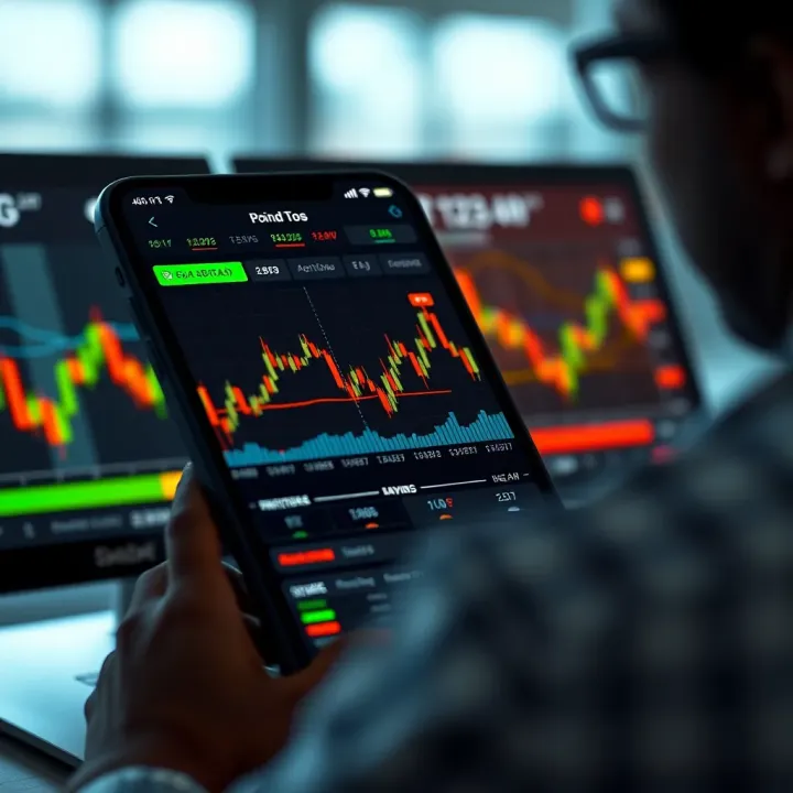 User interface of a mobile trading app showing stock market charts and trading options