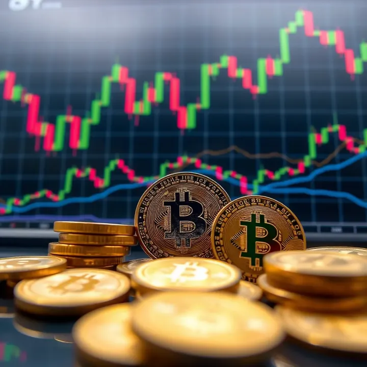 Digital coins representing popular cryptocurrencies interconnected with financial graph lines