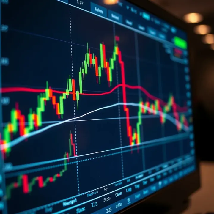 Chart displaying forex trading strategies with trend lines and indicators on a digital screen