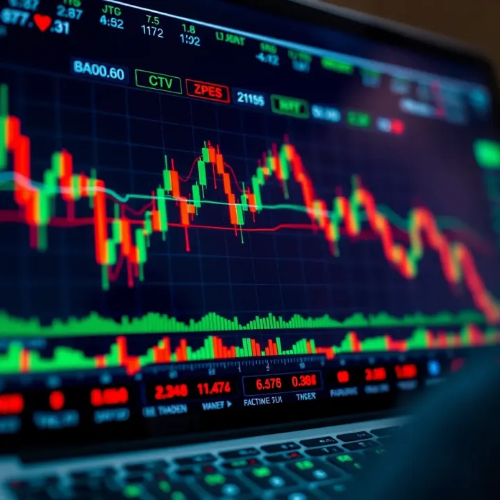 Analyzing Forex Market Trends with Technical Indicators Graphical representation of forex market trends with candlestick charts and currency symbols