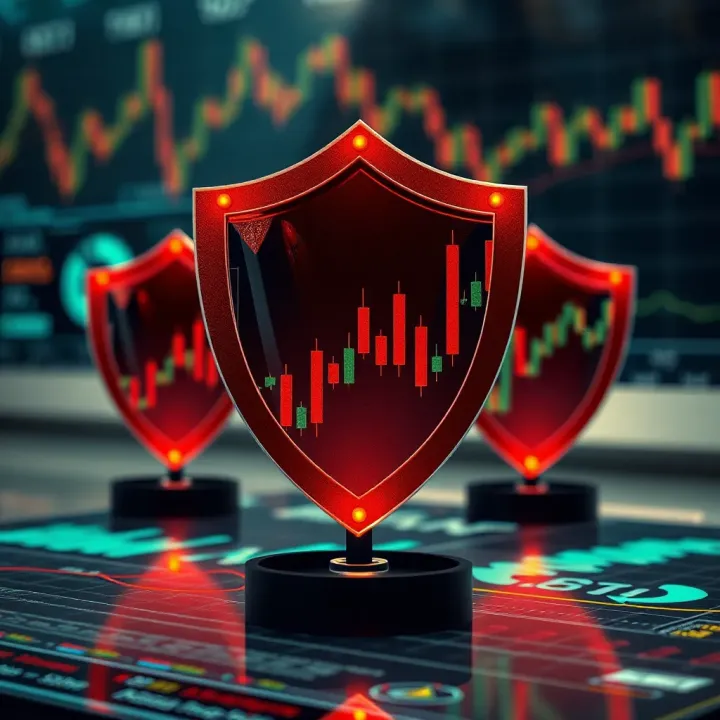 Illustration of risk management tools with charts and protective shields