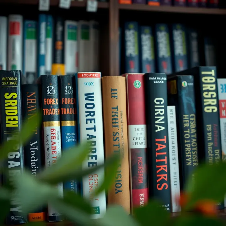 Bookshelf with forex trading books focused on strategies and market analysis