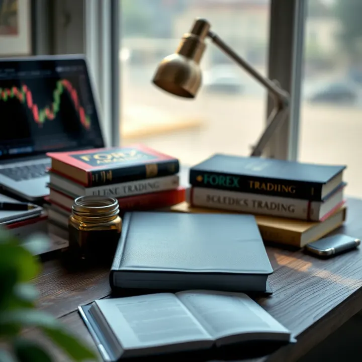 Essential Forex Trading Books for Nigerian Traders Books on forex trading arranged on a wooden desk with a laptop and a cup of coffee