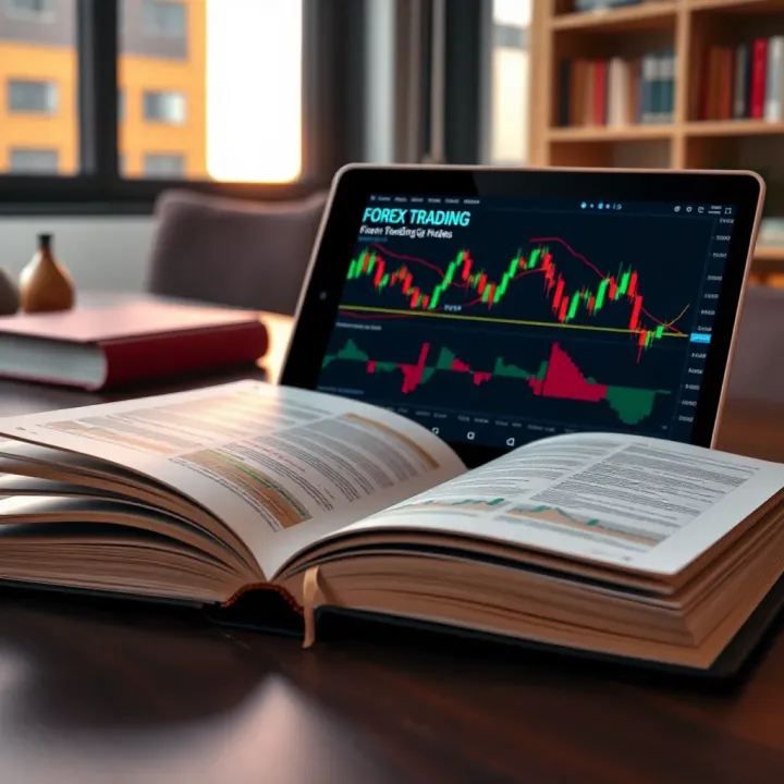Open book displaying forex trading charts and financial data on a digital tablet