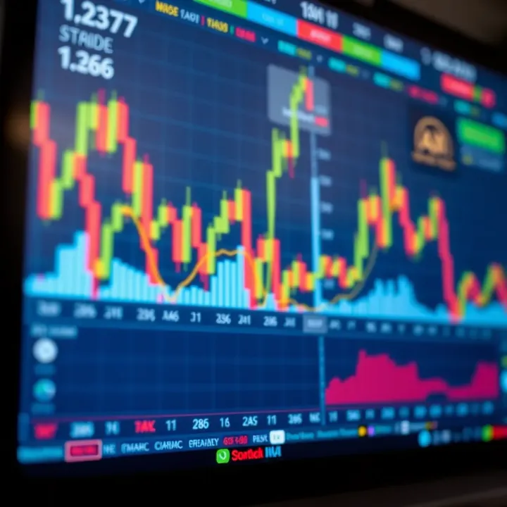 Illustration of currency charts and graphs showing market analysis on a digital screen