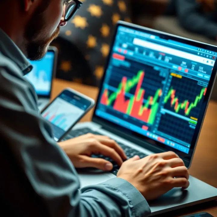 Analyzing Market Trends for Successful Forex Trading Close-up of a trader analyzing forex market trends on a laptop with financial graphs